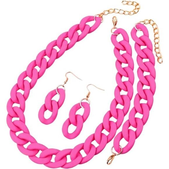 Pink 3PCS/set Acrylic Retro Chunky Necklace Bracelet and Stud Earring - Picture 1 of 2